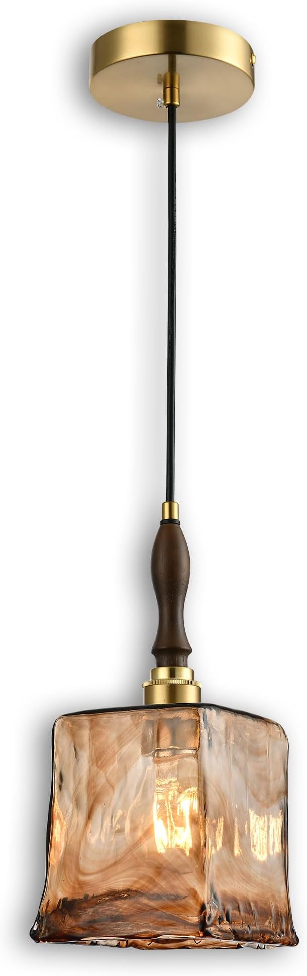 Modern Amber Glass Pendant Light, 5.25"x11.7" Elongated Hanging Fixture with Wood Grip & Brass Accent, 15"-72" Adjustable Line, E26 Socket – Golden Amber Rectangular