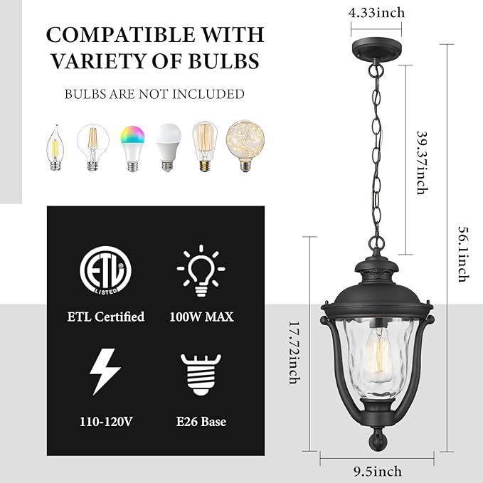 Outdoor Pendant Lights,Modern Exterior Hanging Porch Light,Height Adjustable Outside Hanging Lantern Matte Black Vintage for Enterance,Gazebo, Foyer, Water Ripple Glass Lamp Shade
