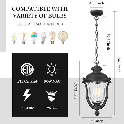 Outdoor Pendant Lights,Modern Exterior Hanging Porch Light,Height Adjustable Outside Hanging Lantern Matte Black Vintage for Enterance,Gazebo, Foyer, Water Ripple Glass Lamp Shade