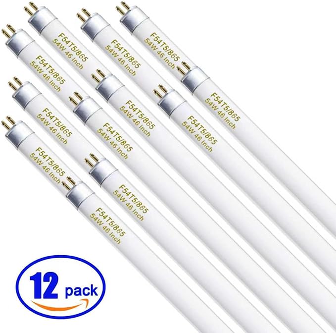F54T5/865/HO 54 Watt 46 Inch T5 Fluorescent Tube Light Bulb, T5 54W Grow Light, 6500K Daylight, 5000 Lumens, High Output, G5 Bi-Pin Base, 12 Pack