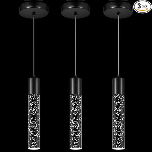 Pendant Lights Kitchen Island, 6500K Modern Kitchen Island Lights Brushed Black, 3 Pack Ceiling Lighting Fixtures with Crystal Bubble, Integrated LED Hanging Light for Dining Room Restaurant