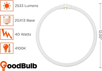 GoodBulb 40-Watt 12 Inch T5 Fluorescent Circline Light Bulb | 4100K Cool White Light Color | 2GX13 Base | High Output 2533 Lumens | 10000 Life Hours 80 CRI | Pack of 10 Bulbs