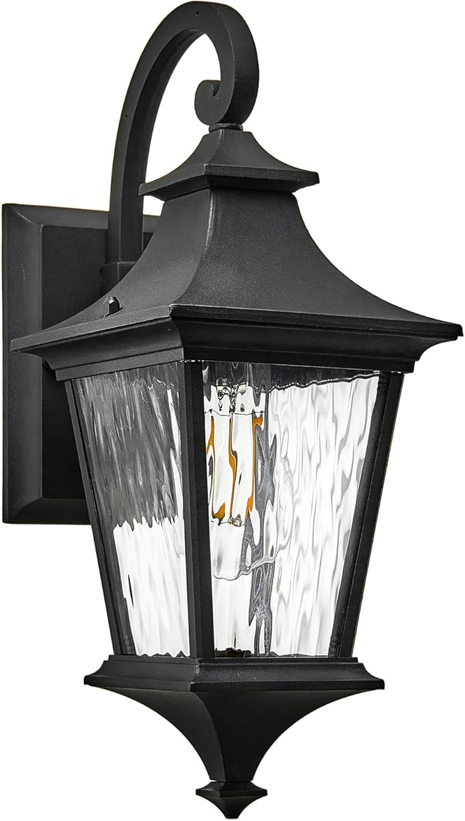 Outdoor Wall Sconce 14.6 Inch Height Aluminum Exterior Lighting Fixtures with Water Ripple Glass E26 Socket and Black Finish