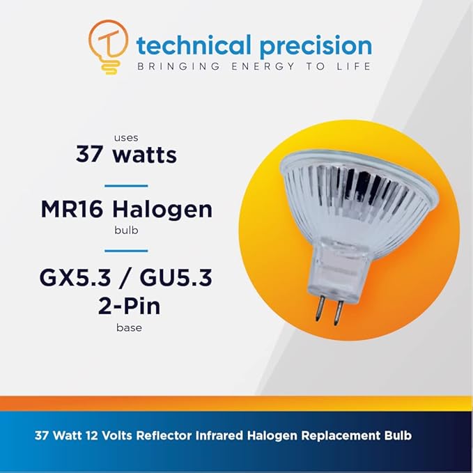 Technical Precision 37W 12V MR16 Halogen Light Bulb Replacement for Sylvania 37mr16/ir/sp10/c 12v Reflector Infrared Light Bulb - GX5.3/GU5.3 Bi-Pin Base - 3000K Warm White - 1 Pack