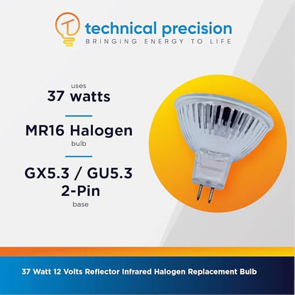 Technical Precision 37W 12V MR16 Halogen Light Bulb Replacement for Sylvania 37mr16/ir/sp10/c 12v Reflector Infrared Light Bulb - GX5.3/GU5.3 Bi-Pin Base - 3000K Warm White - 1 Pack