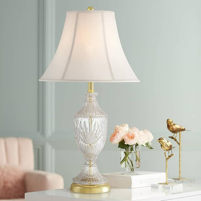 Regency Hill Traditional Glam Luxury Table Lamps 26.5" High Set of 2 Clear Glass Urn Brass Gold Metal White Cream Bell Shade Decor for Living Room Bedroom House Bedside Nightstand Home