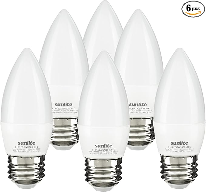 Sunlite LED B13 Torpedo Decorative Chandelier Light Bulb, 7 Watts (60W=), 500 Lumens, 120 Volts, Dimmable, E26 Base, 90 CRI, ETL Listed, Torpedo Frosted, Title-20, 5000K Daylight, 6 Pack