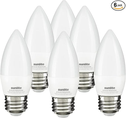 Sunlite LED B13 Torpedo Decorative Chandelier Light Bulb, 7 Watts (60W=), 500 Lumens, 120 Volts, Dimmable, E26 Base, 90 CRI, ETL Listed, Torpedo Frosted, Title-20, 5000K Daylight, 6 Pack