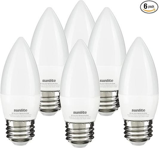 Sunlite LED B13 Torpedo Decorative Chandelier Light Bulb, 7 Watts (60W=), 500 Lumens, 120 Volts, Dimmable, E26 Base, 90 CRI, ETL Listed, Torpedo Frosted, Title-20, 5000K Daylight, 6 Pack