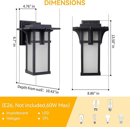 Porch Lights Wall Mount Outdoor Wall Lantern Waterproof Aluminum with Frosted Glass Exterior Light Fixtures Modern Classic Outdoor Wall Lights for Outside House Deck Patio Garage Lighting, Black