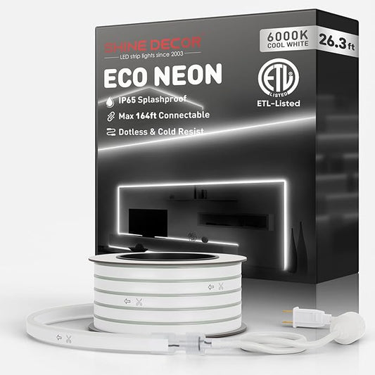 Shine Decor LED Rope Lights AC 120V, Connectable & Cuttable Dotless 120LEDs/M Eco Neon Strip Lighting, ETL IP65 Waterproof & Weather-Resistant for Home Commercial, 8x16mm, 6000K Cool White, 26.3FT