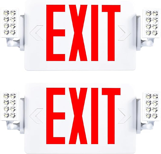 Sunco Exit Signs With Emergency Lights, Two Adjustable LED Lights With Backup Battery, Red, 94V-0 Fire Resistant, 120-277V, Wall Or Ceiling Mount, Commercial Grade UL 2 Pack.