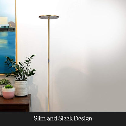 Brightech Sky Flux Dimmable LED Floor Lamp – Super Bright Floor Lamp with 3 Light Modes for Living Room, Office – Torchiere Standing Touch-Lamp, Tall Torch Lamp for Bedroom & Reading - Brass
