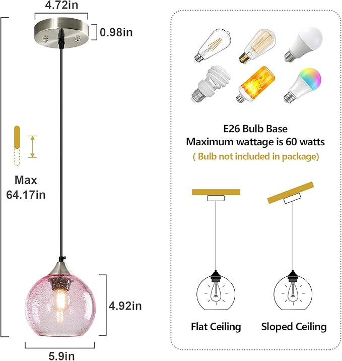 Pink Glass Pendant Lights Kitchen Island Globe Pendant Light Fixtures Modern Pendant Lighting for Bedroom Living Dining Room Light Fixture (5.9 in, 1 Pack)