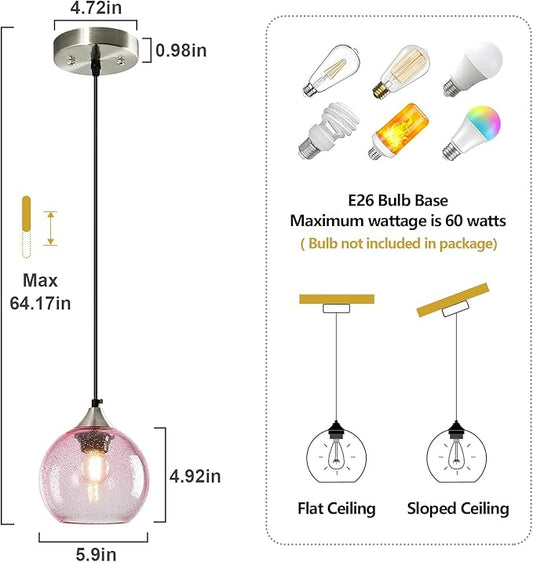 Pink Glass Pendant Lights Kitchen Island Globe Pendant Light Fixtures Modern Pendant Lighting for Bedroom Living Dining Room Light Fixture (5.9 in, 1 Pack)