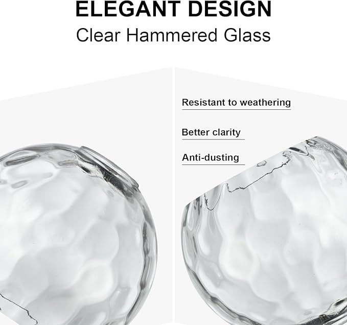 3 Pack Fixture Replacement Globe Shade, 6 Inch Diameter, E26 Base Clear Hammered Glass, Glass Globe Lampshade Cover for Pendant Wall Sconce Chandelier Vanity Light