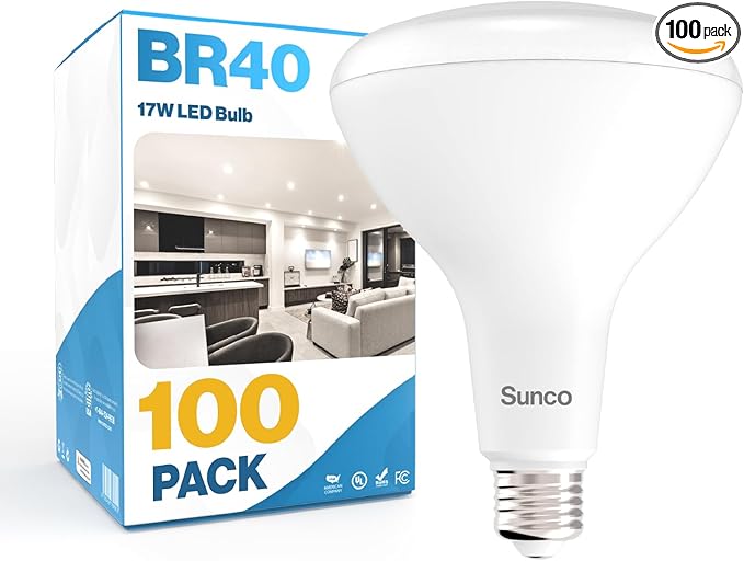 Sunco 100 Pack BR40 LED Light Bulbs, Indoor Flood Lights, Recessed Can Light Bulb, 1400 LM, 17W (100W Equivalent), 2700K Soft White, Dimmable, E26 Base, for Home, Bedroom, Kitchen UL.