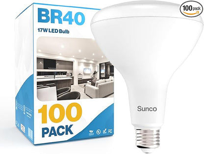 Sunco 100 Pack BR40 LED Light Bulbs, Indoor Flood Lights, Recessed Can Light Bulb, 1400 LM, 17W (100W Equivalent), 2700K Soft White, Dimmable, E26 Base, for Home, Bedroom, Kitchen UL.