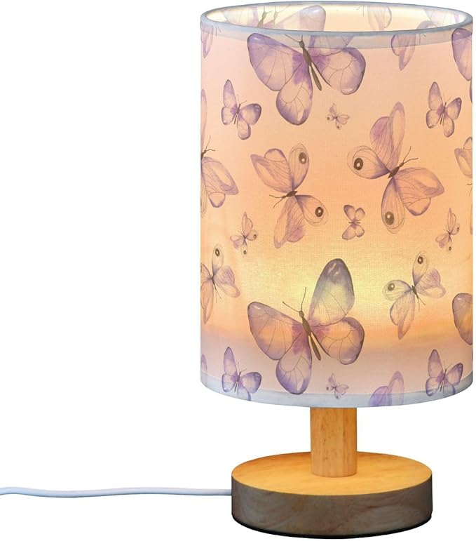 Bedside Lamp Purple Butterflies Table Lamp for Bedroom LED Nightstand Lamp Shade USB Ports Wood Base for Living Room Dorm Office