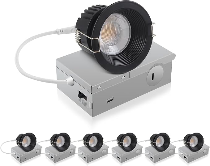 Adetu 3 Inch 5CCT Black Anti-Glare LED Downlight with Junction Box, 2700K/3000K/4000K/5000K Selectable, CRI90+, 12W COB, 1160LM, IP65 Waterproof, Dimmable-ETL and Energy Star Certified (Black,6 Pack)