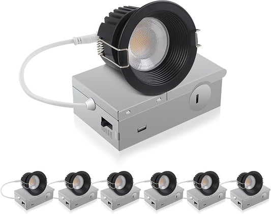 Adetu 3 Inch 5CCT Black Anti-Glare LED Downlight with Junction Box, 2700K/3000K/4000K/5000K Selectable, CRI90+, 12W COB, 1160LM, IP65 Waterproof, Dimmable-ETL and Energy Star Certified (Black,6 Pack)