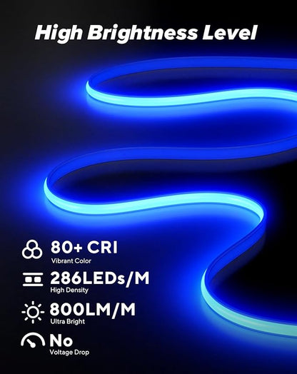 Shine Decor COB LED Rope Light AC 120V, 800lm Ultra Bright, IP65 Waterproof Cold-Resistant ETL Neon Strip, No Driver Tape Lighting for Home Commercial 10x4.5mm, Blue, 16.4ft