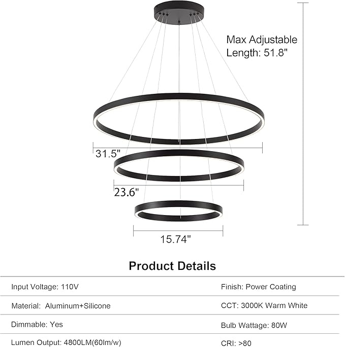 Elegant 3-Rings Black Modern LED Chandelier – Fully Dimmable High Ceiling Pendant Light for Dining Room, Living Room, Foyer & Staircase (Warm White 3000K, Adjustable Size 15.7"-31.4")