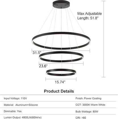 Elegant 3-Rings Black Modern LED Chandelier – Fully Dimmable High Ceiling Pendant Light for Dining Room, Living Room, Foyer & Staircase (Warm White 3000K, Adjustable Size 15.7"-31.4")