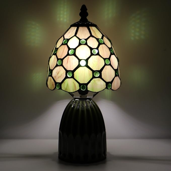 Tiffany Lamp Stained Glass Mushroom Table Lamps 6X6X12.5 Inch Amber Green Pearl Style Small Night Light Ceramic Base Mini Accent Desk Light Suitable for Bedside Table Bedroom Children Room