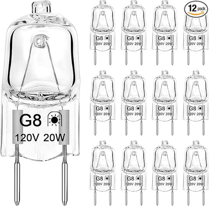 G8 Halogen Light Bulbs 20W 120V Under Cabinet Puck Lighting Replacements, T4 JCD Type G8 2Pin Base, 2700K Warm White, Dimmable, Pack of 12
