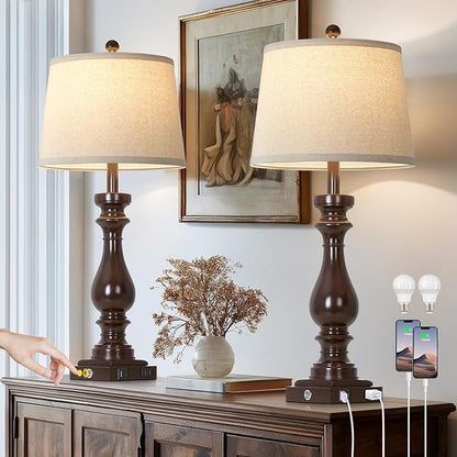 29" Tall Vintage Table Lamps Set of 2,Farmhouse Bedside Lamps with USB C+A Ports & AC Outlet,3-Way Dimmable Touch Lamp for Night Stands Living Room Bedroom,Dark Brown