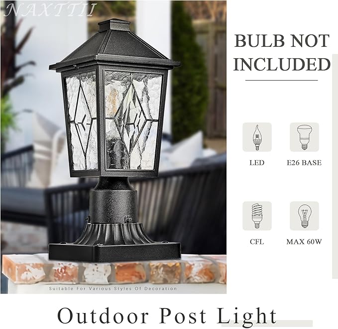 Outdoor Post Lights 16.5 Inch Black Lamp Post Light Fixture Aluminum Column Lighting with Water Ripple Glass E26 Socket Waterproof