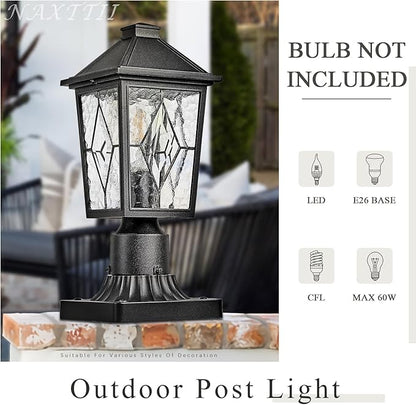 Outdoor Post Lights 13.6 Inch Modern Exterior Post Lantern Pillar Light with Water Ripple Glass Black Aluminum Pole Lights Outdoor