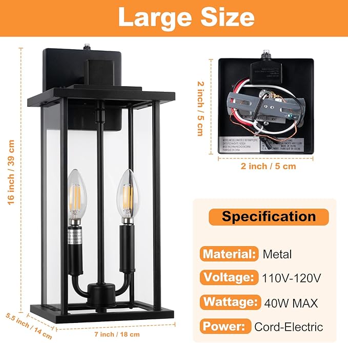 16" Large Dusk to Dawn Outdoo Wall Light Fixtures, Black 2-Pack Exterior Front Porch Light, 2-Light Outdoor Wall Sconce for Outside Patio, Waterproof Exterior Wall Lamp Lighting