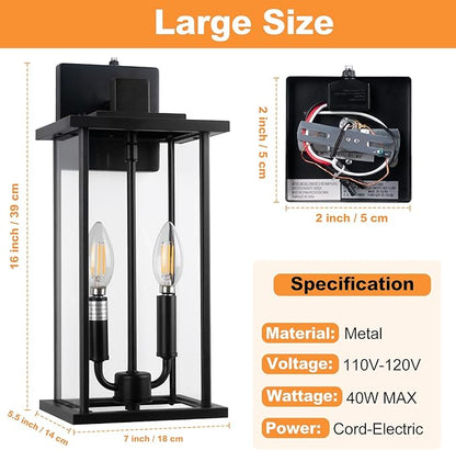 16" Large Dusk to Dawn Outdoo Wall Light Fixtures, Black 2-Pack Exterior Front Porch Light, 2-Light Outdoor Wall Sconce for Outside Patio, Waterproof Exterior Wall Lamp Lighting