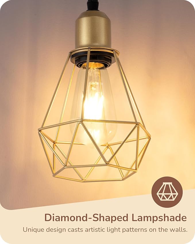 EDISHINE 70'' Dimmable Industrial Floor Lamp, Farmhouse Standing Lamps Diamond-Shaped Lampshade, 3 LED Edison Bulbs Included, Farmhouse Rustic Floor Lamps for Living Room, Bedroom, Office, Gold