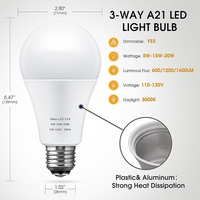 Briignite 3 Way LED Light Bulbs 50 100 150W Equivalent, 3 Way Light Bulbs, Three Way A21 E26 Medium Base, Soft White 3000K, 800lm-1400lm-2000lm, 2 Pack