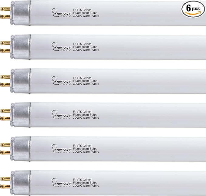 22 Inch F14T5/WW Fluorescent Light Bulb, 3000K Warm White, T5 14 Watts Fluorescent Replacement Bulb for Counter and Cabinet Fixture, G5 Base - 6 Pack