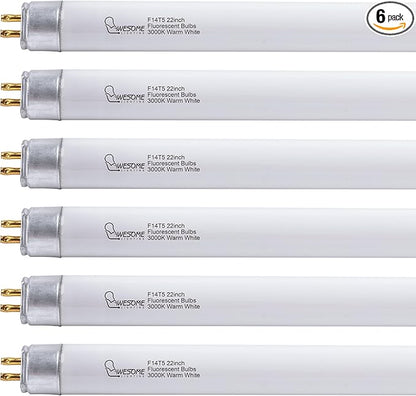 22 Inch F14T5/WW Fluorescent Light Bulb, 3000K Warm White, T5 14 Watts Fluorescent Replacement Bulb for Counter and Cabinet Fixture, G5 Base - 6 Pack