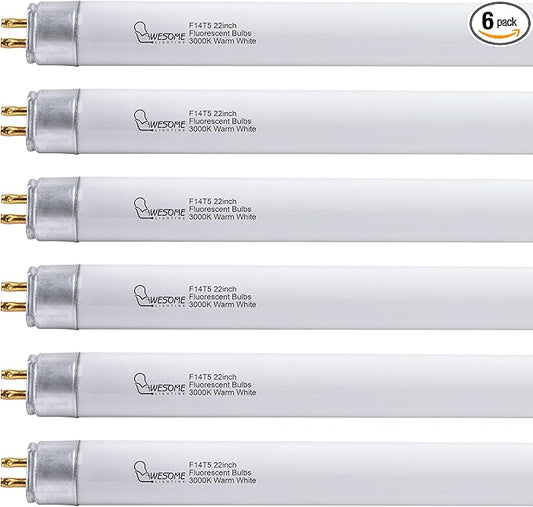 22 Inch F14T5/WW Fluorescent Light Bulb, 3000K Warm White, T5 14 Watts Fluorescent Replacement Bulb for Counter and Cabinet Fixture, G5 Base - 6 Pack