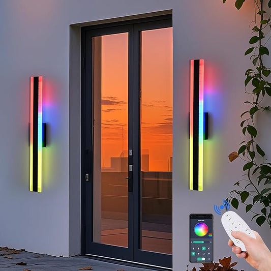 TODOLUZ 2-Pack 32-Inch Outdoor RGB Wall Light Fixture, IP65 Waterproof 21W LED Linear Porch Wall Sconce Lighting with Remote Control for Enterway Patio Garage