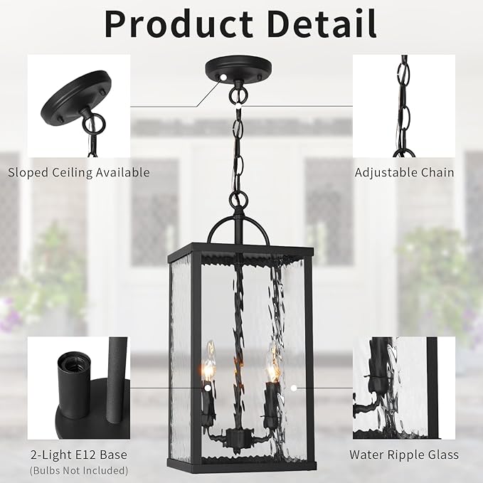Outdoor Pendant Light, Modern Black Hanging Lantern with Water Ripple Glass, Adjustable Chandelier Exterior Hanging Light Fixture for Front Porch, Patio, Gazebo, Entryway, and Garage