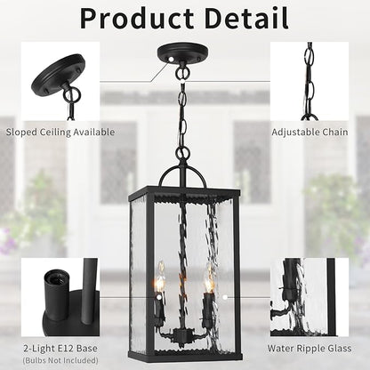 Outdoor Pendant Light, Modern Black Hanging Lantern with Water Ripple Glass, Adjustable Chandelier Exterior Hanging Light Fixture for Front Porch, Patio, Gazebo, Entryway, and Garage