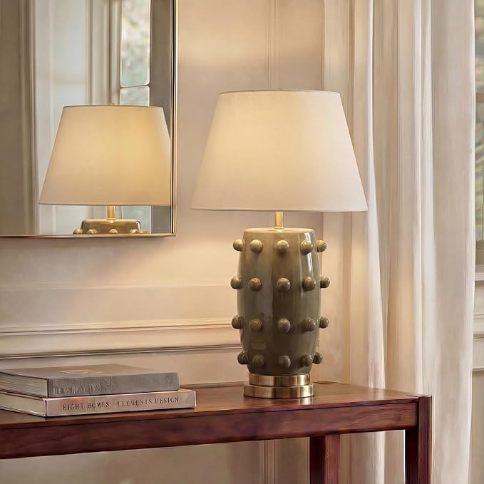 Modern Ceramic Linden Table Lamp - 30" White Ball Farmhouse Design, Classic Nightstand Large Linden Lamp Tapered Drum Shade for Living Room, Bedroom, Office, and Home （Dark Green）