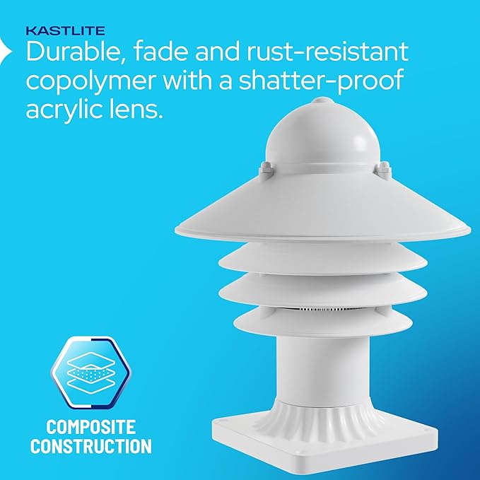 KASTLITE Nautical Pier Mount Outdoor Lighting Fixture - Rust & Waterproof Non-Metallic Coastal Lantern - Fits 3" Poles - UL Listed Patio Fence Porch Deck & Dock Light - USA Made, Short, Matte White