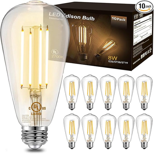 DAYBETTER 10 Pack Vintage LED Edison Bulbs, E26 Dimmable LED Bulb, 60 watt Equivalent, ST58 Antique Filament Light Bulbs with Warm White 2700K, Brightness 8W, 800LM, 80+ CRI, Clear Glass