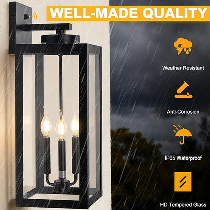 24" Extra Large Fully Enclosed Dusk to Dawn Outdoor Light Fixture 3-Light, Black Outdoor Porch Lantern Wall Mounted, Waterproof Outside Wall Sconce Coach Lamp for House, E12, 2 Packs
