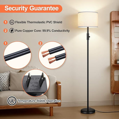【Upgraded】 Dimmable Floor Lamp, 1000 Lumens LED Bulb Included, Modern Floor Lamps Simple Design with White Shade for Living Room, Tall Standing Lamp for Bedroom Office Dining Room, Black Pole Lamp