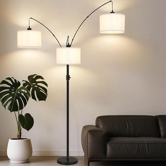 Dimmable Arc Floor Lamp-3 Lights Floor Lamps for Living Room,Modern Tall Standing Lamp with Beige Drum Shades&Heavy Base,Mid Century Tree Floor Lamp for Bedroom Corner Office,Bulbs Included