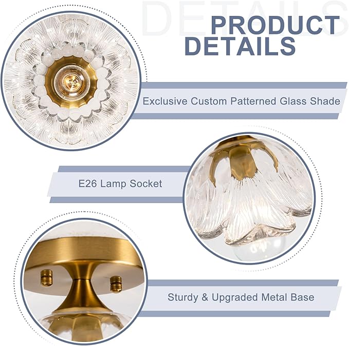 Semi Flush Mount Ceiling Light,Vintage Lights Fixture E26,Transparent Glass Light Fixtures 11" for Kitchen Bedroom Hallway Dining Room,Bulb Included